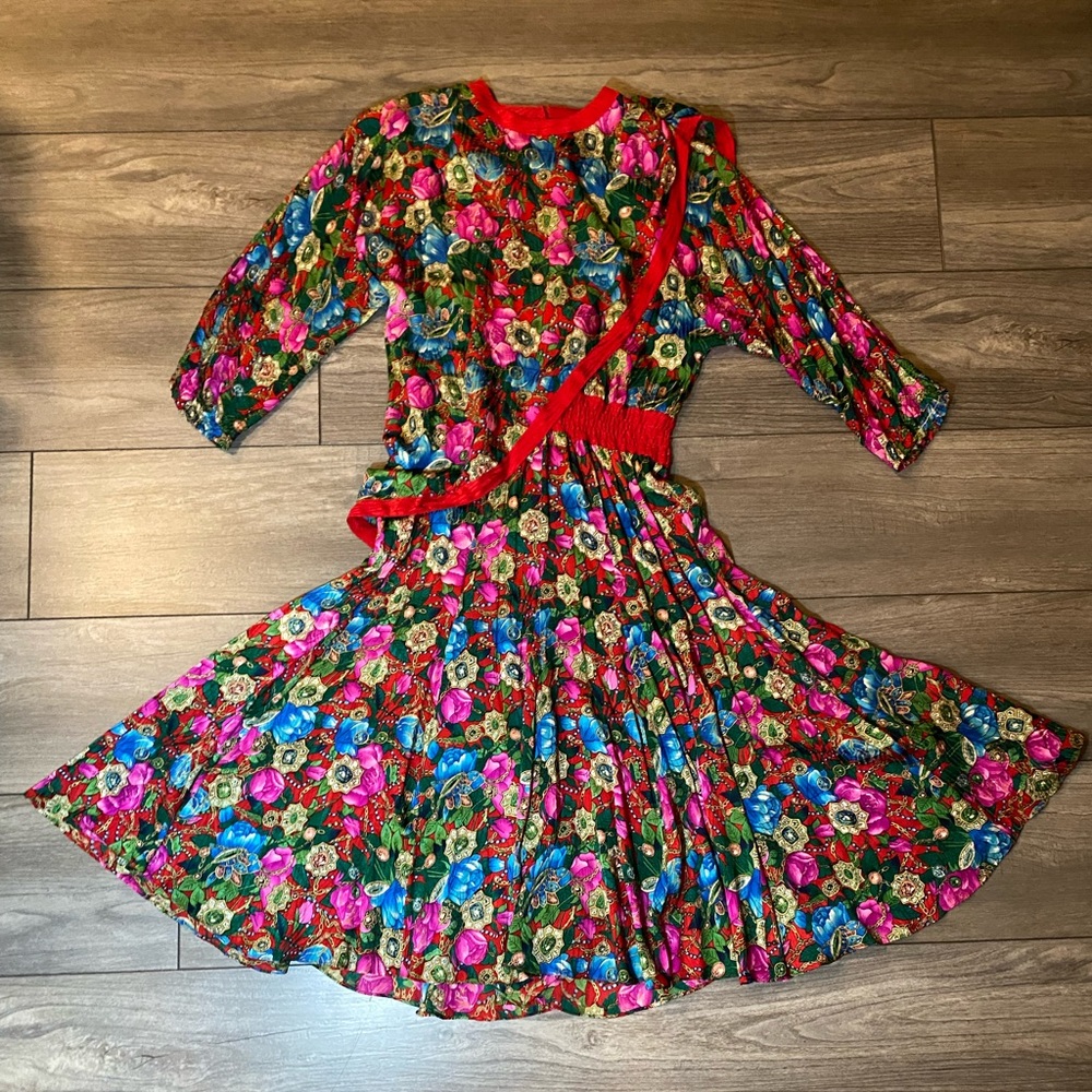 EUC True Vintage 1980s Diane Freis 100% Silk Bright Floral Maxi Dress - Picture 3 of 13